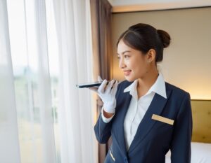 Hotel housekeeping using push to talk to talk device to communicate