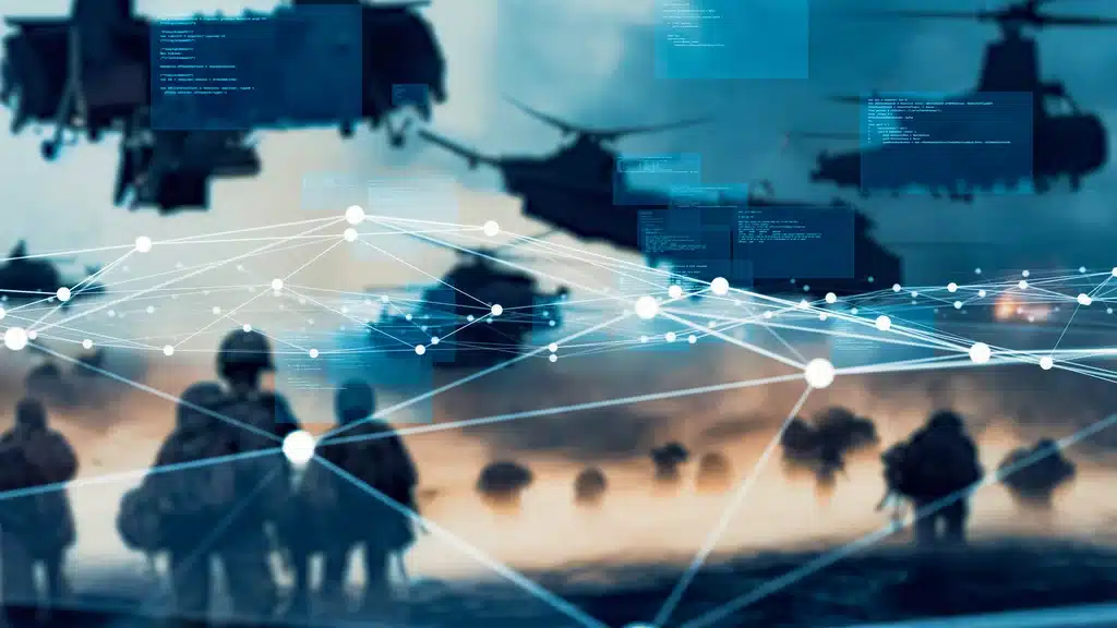 Concept of military communications fleshed out by a background image of military personnel with an overlaid graphic of various connected location points